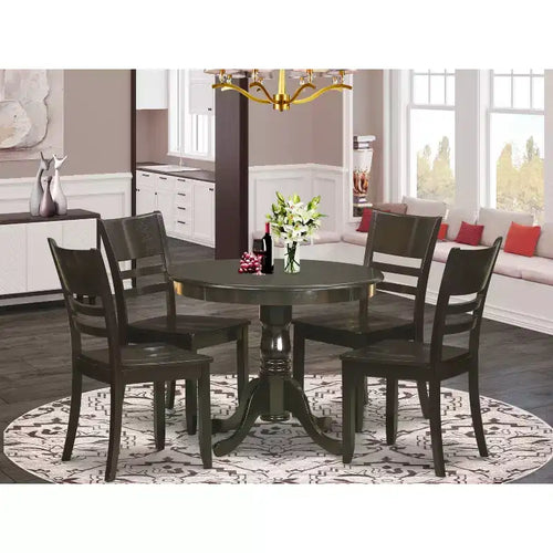 Table de salle à manger 5 pièces ronde avec plateau en bois massif finition cappuccino et 4 chaises avec