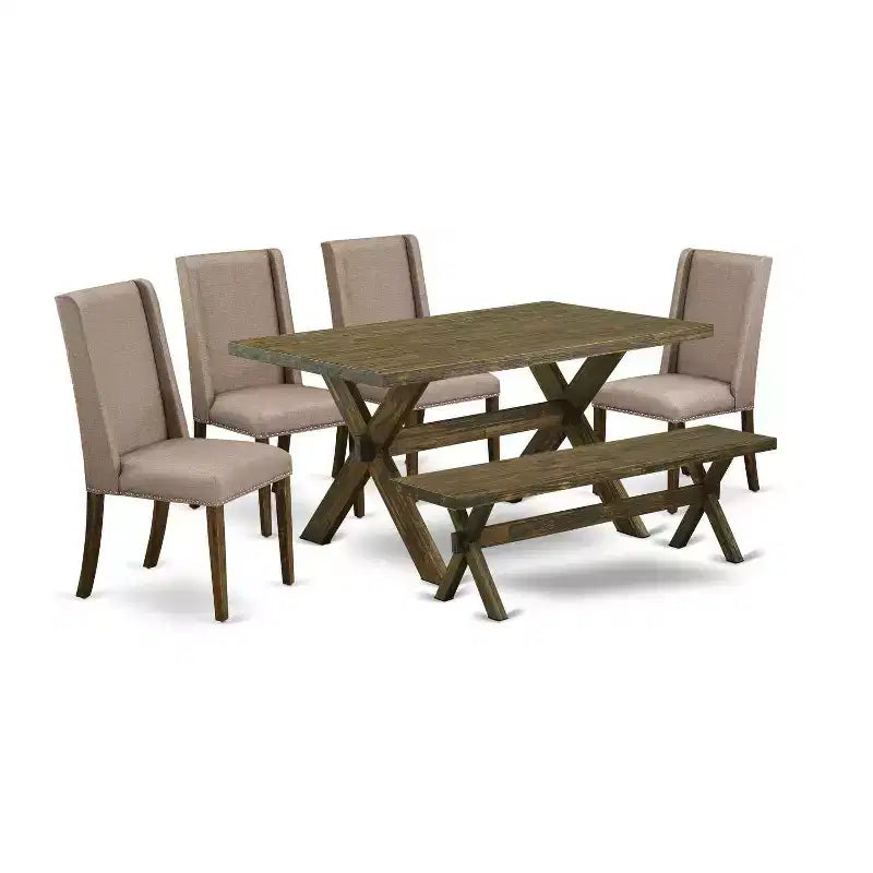 HomeStock 6-Pc Rectangle Distressed Jacobean Finish Solid Wood Top Dining Table with 1-Bench, 4-Chairs