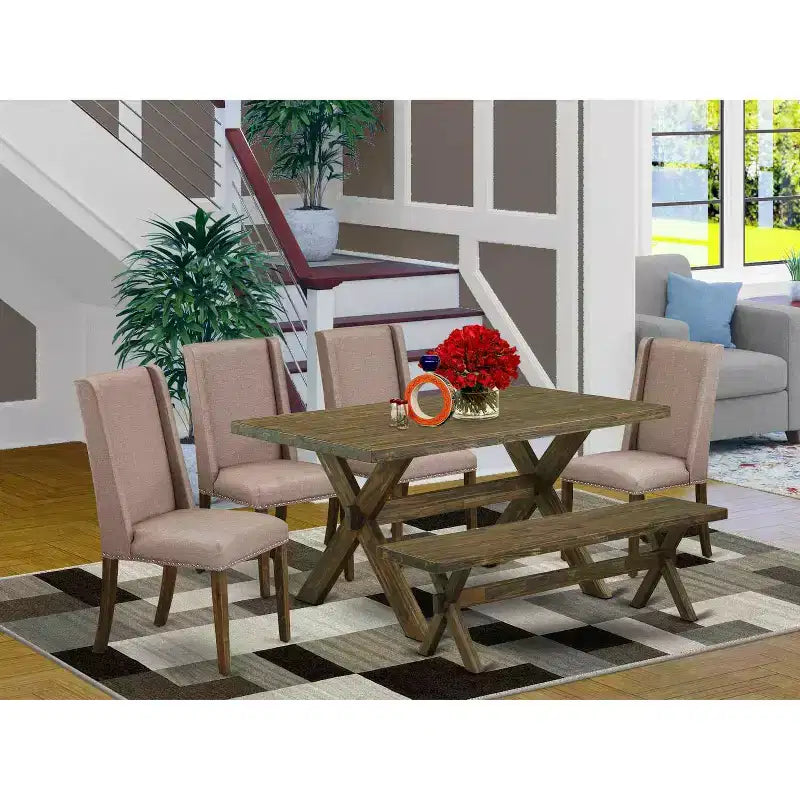 HomeStock Table à manger 6 pièces rectangulaire en bois massif finition jacobine vieillie avec 1 banc et 4 chaises