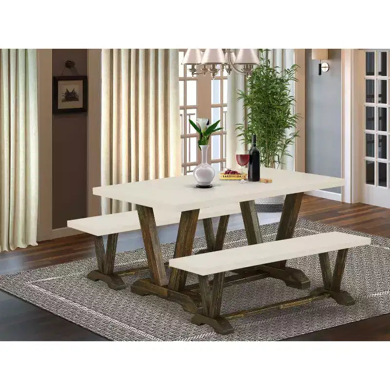 Table à manger 3 pièces HomeStock avec plateau en bois massif finition jacobéenne vieillie et 2 bancs