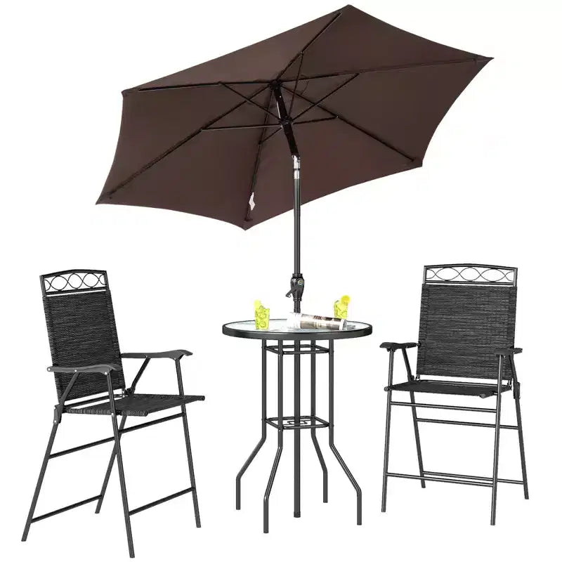 Ensemble de bar d'extérieur 4 pièces avec parasol, salon de jardin avec 2 chaises pliantes, table en verre trempé à texture ondulée pour jardin, terrasse, bord de piscine