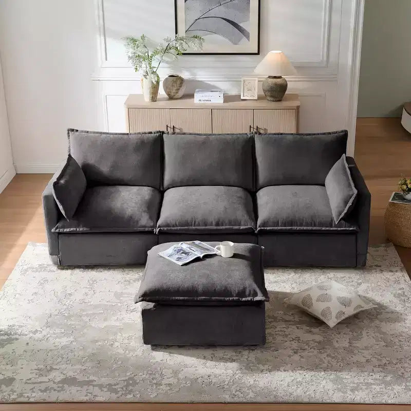 Canapé 4 places moderne en faux lin en forme de L GDFStudio Sewell avec pouf mobile