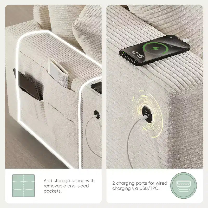 GDFStudio Logan, canapé d'angle modulaire en velours côtelé moderne 140 avec pouf de rangement mobile, console et chargement USB