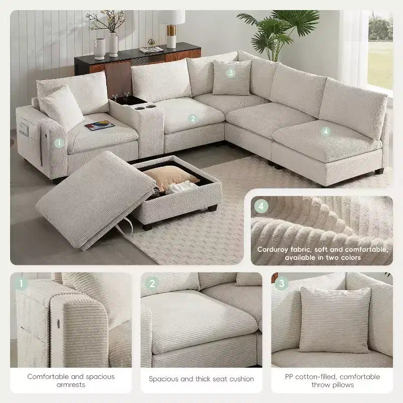 GDFStudio Logan, canapé d'angle modulaire en velours côtelé moderne 140 avec pouf de rangement mobile, console et chargement USB