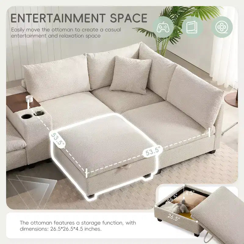 GDFStudio Logan, canapé d'angle modulaire en velours côtelé moderne 140 avec pouf de rangement mobile, console et chargement USB