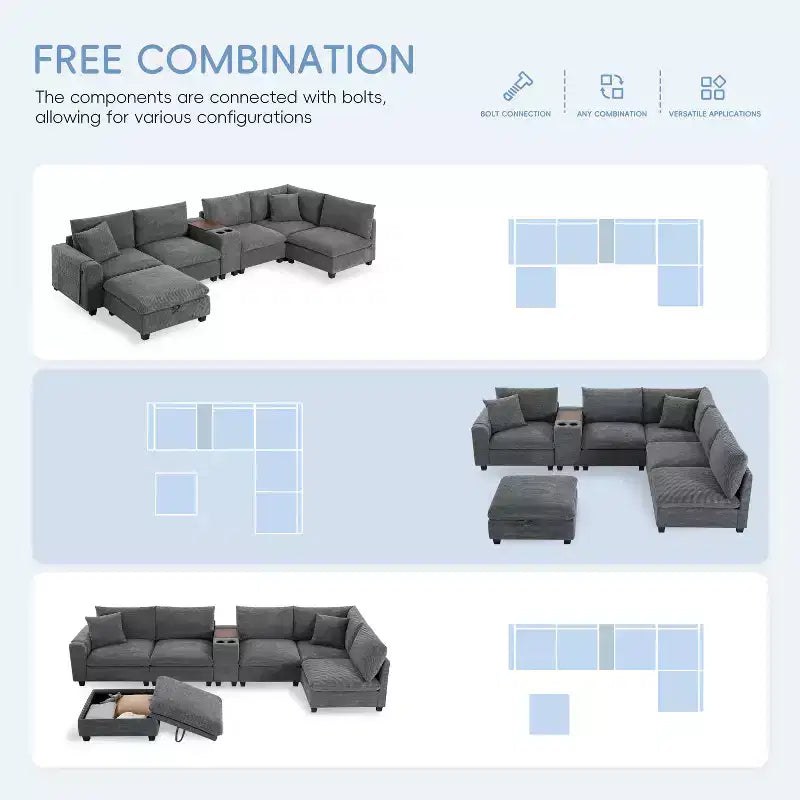 GDFStudio Logan, canapé d'angle modulaire en velours côtelé moderne 140 avec pouf de rangement mobile, console et chargement USB