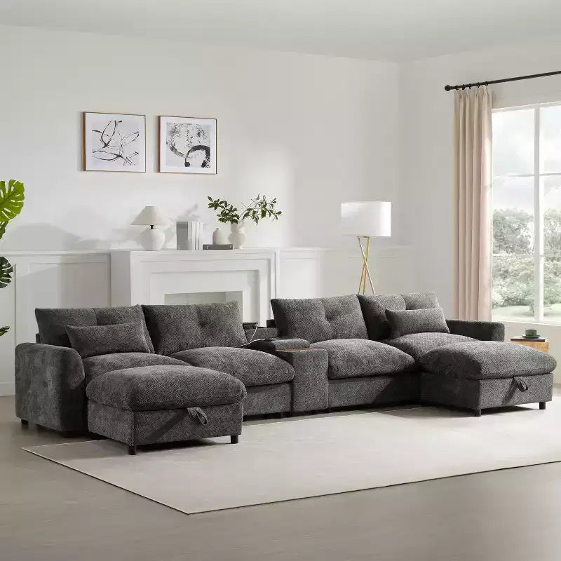 GDFStudio Parker - Canapé sectionnel modulaire en chenille en forme de U avec deux poufs de rangement et une console multifonction