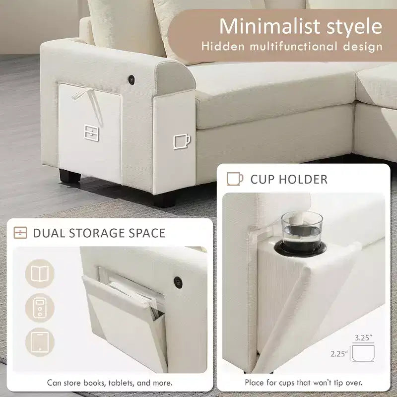 GDFStudio Ira Canapé sectionnel moderne en chenille en U avec ottoman, rangement dissimulé et deux ports de chargement
