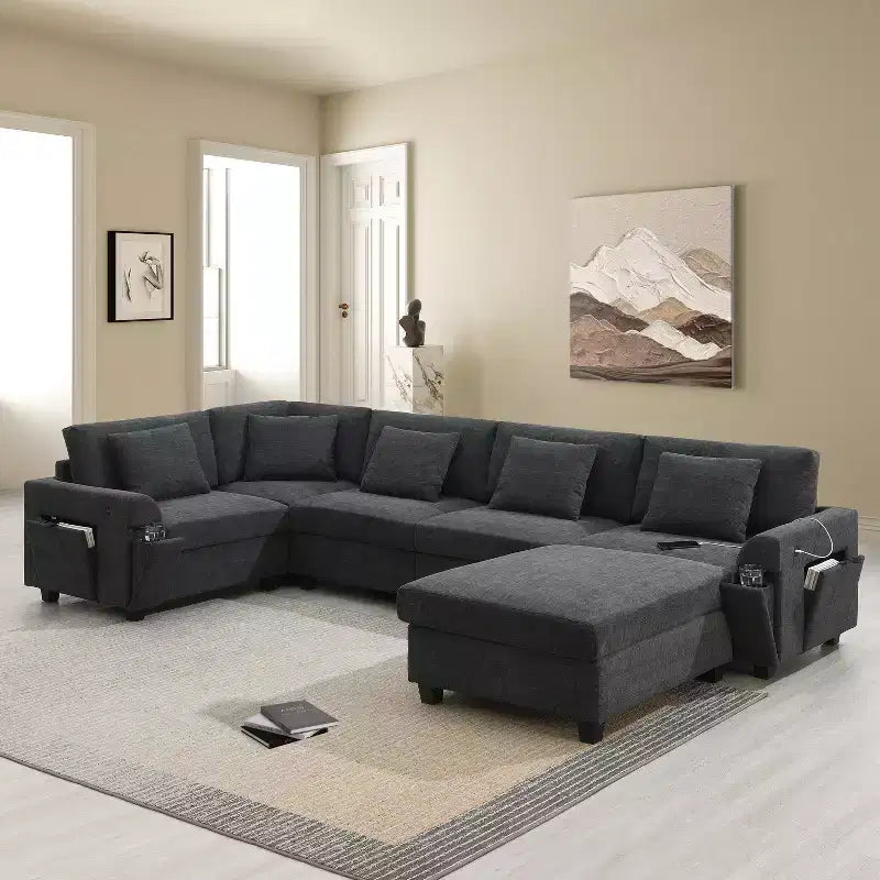 GDFStudio Ira Canapé sectionnel moderne en chenille en U avec ottoman, rangement dissimulé et deux ports de chargement