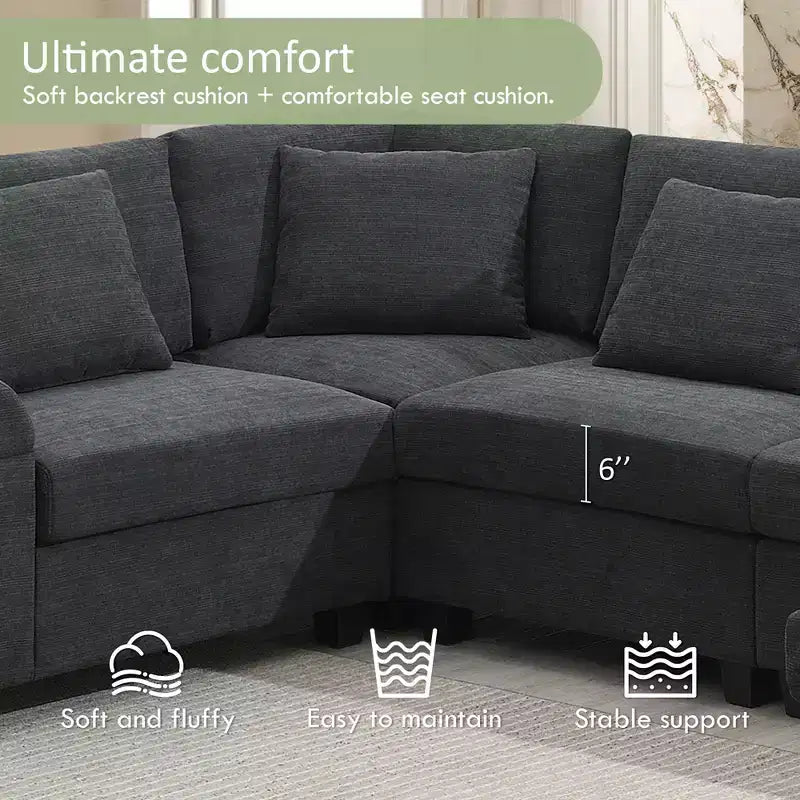 GDFStudio Ira Canapé sectionnel moderne en chenille en U avec ottoman, rangement dissimulé et deux ports de chargement