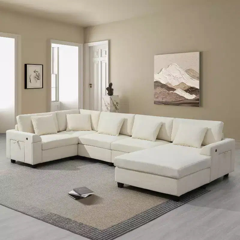 GDFStudio Ira Canapé sectionnel moderne en chenille en U avec ottoman, rangement dissimulé et deux ports de chargement