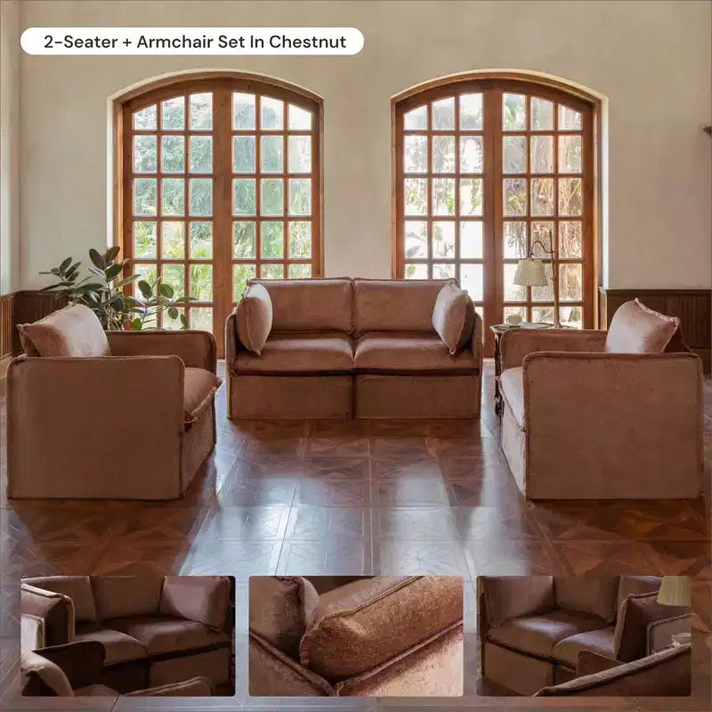 Canapé modulaire lavable 4 places Anabei + banc ottoman | Assise Deluxe+ et coussin Cloud