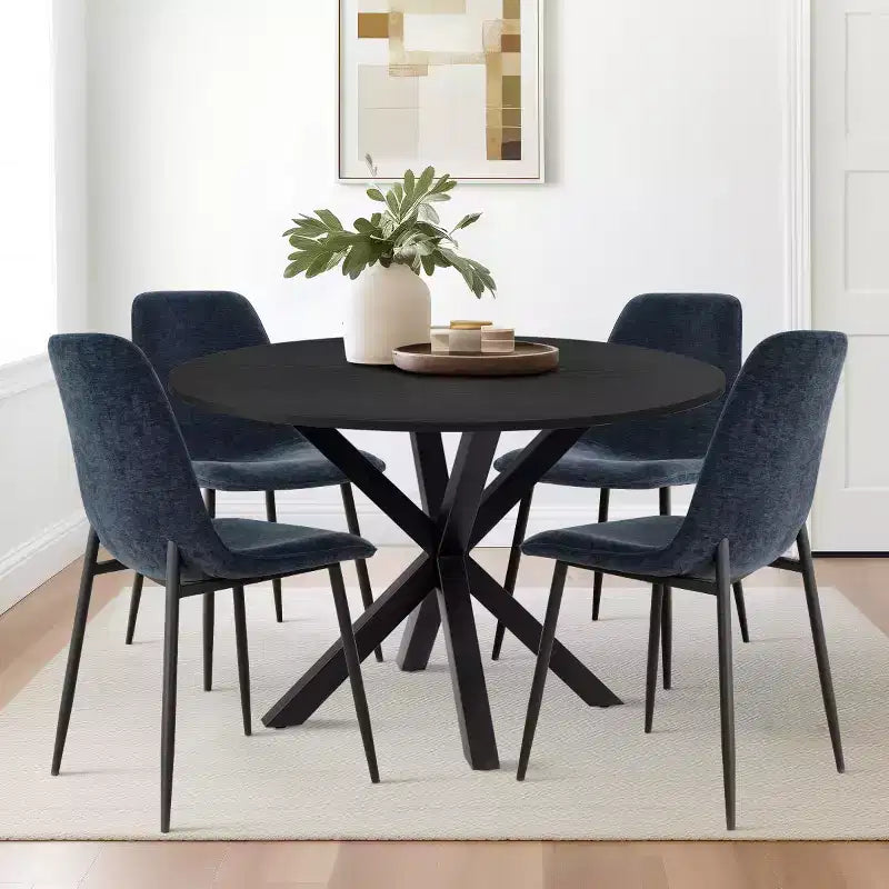 Ensemble de salle à manger rond 5 pièces avec 4 chaises rembourrées, table de cuisine à pied central noire pour petits espaces - Panipeachy