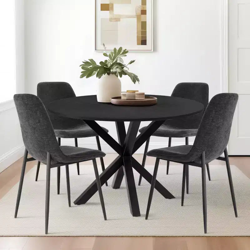 Ensemble de salle à manger rond 5 pièces avec 4 chaises rembourrées, table de cuisine à pied central noire pour petits espaces - Panipeachy