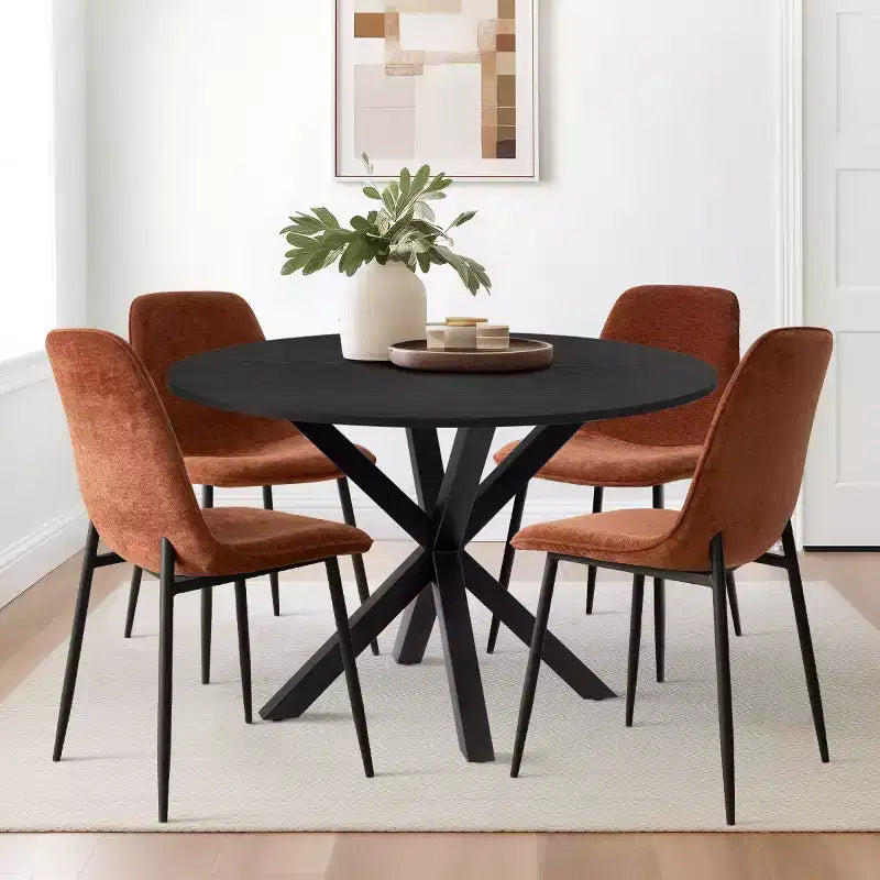 Ensemble de salle à manger rond 5 pièces avec 4 chaises rembourrées, table de cuisine à pied central noire pour petits espaces - Panipeachy