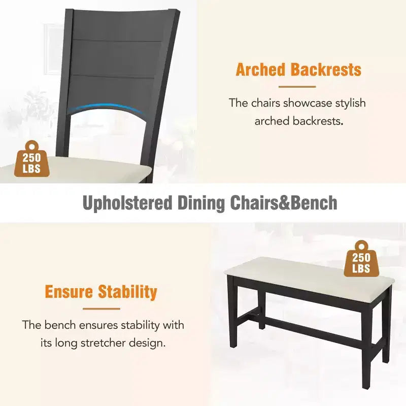 Ensemble de salle à manger 6 pièces pour 6 personnes, ensemble de table de cuisine familiale avec chaises de salle à manger et banc rembourrés ergonomiques - ModernLuxe