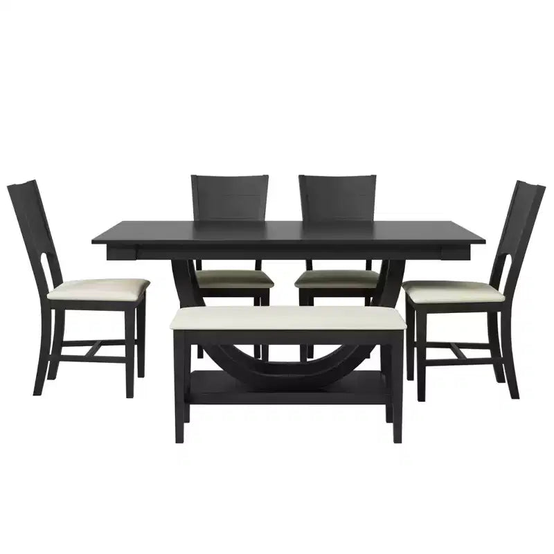 Ensemble de salle à manger 6 pièces pour 6 personnes, ensemble de table de cuisine familiale avec chaises de salle à manger et banc rembourrés ergonomiques - ModernLuxe
