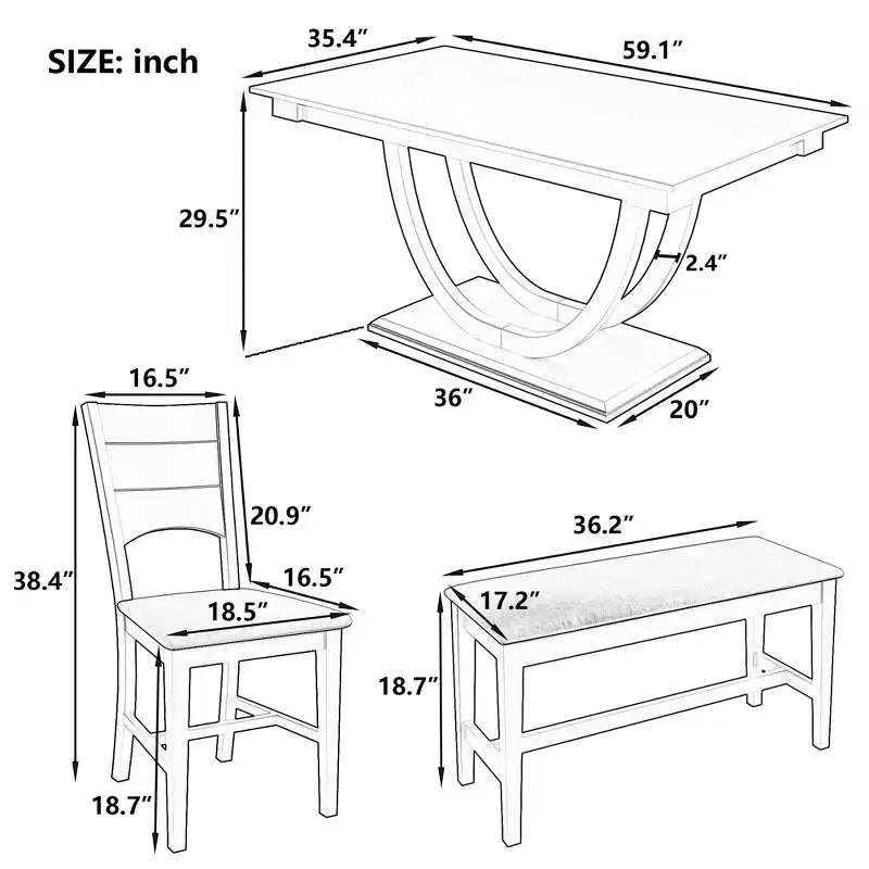 Ensemble de salle à manger 6 pièces pour 6 personnes, ensemble de table de cuisine familiale avec chaises de salle à manger et banc rembourrés ergonomiques - ModernLuxe