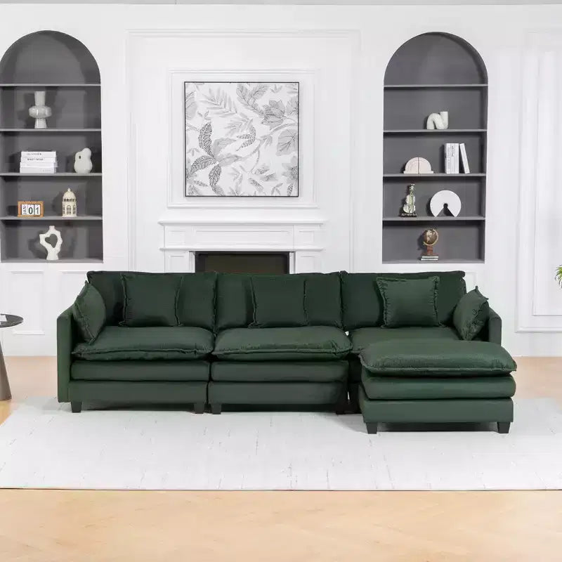Canapé d'angle modulable 3 places GDFStudio Fairmont 113,77 en tissu chenille avec pouf et coussins lombaires