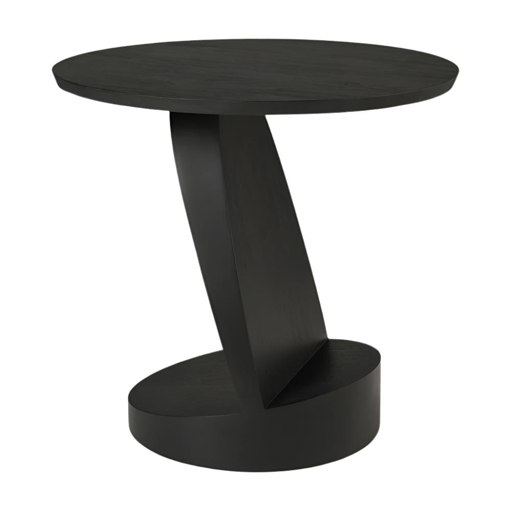 Table d'appoint sculpturale en teck massif avec plateau rond et piètement dynamique à espace négatif pour salon