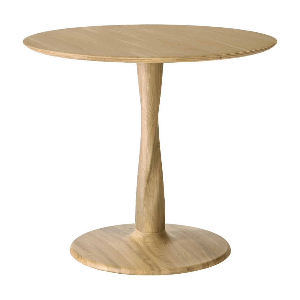 Table à manger sculpturale en chêne avec plateau rond et pied torsadé pour salle à manger