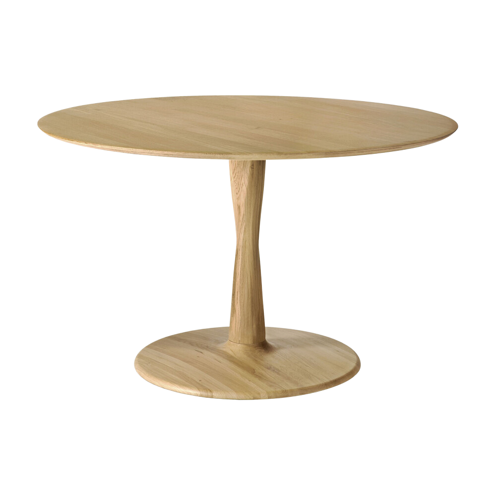 Table à manger sculpturale en chêne avec plateau rond et pied torsadé pour salle à manger