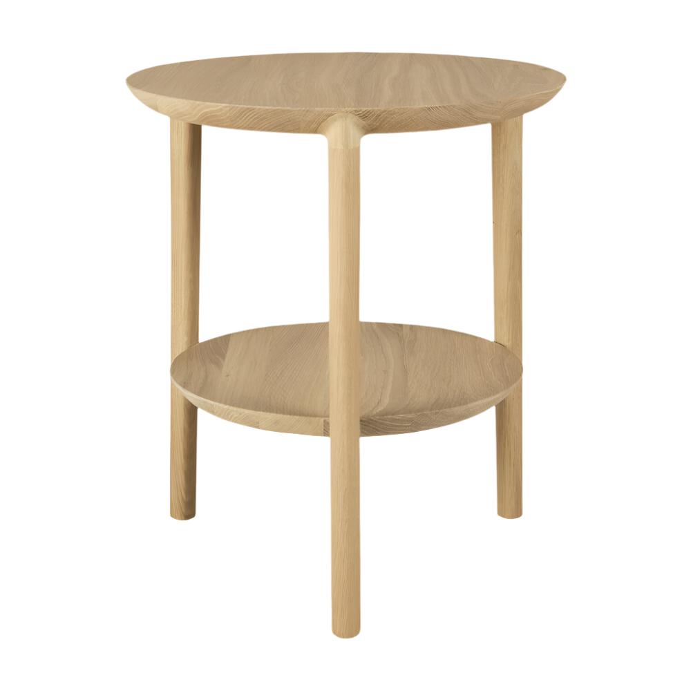 Table d'appoint contemporaine en bois de chêne avec plateau rond et étagère de présentation pour salon