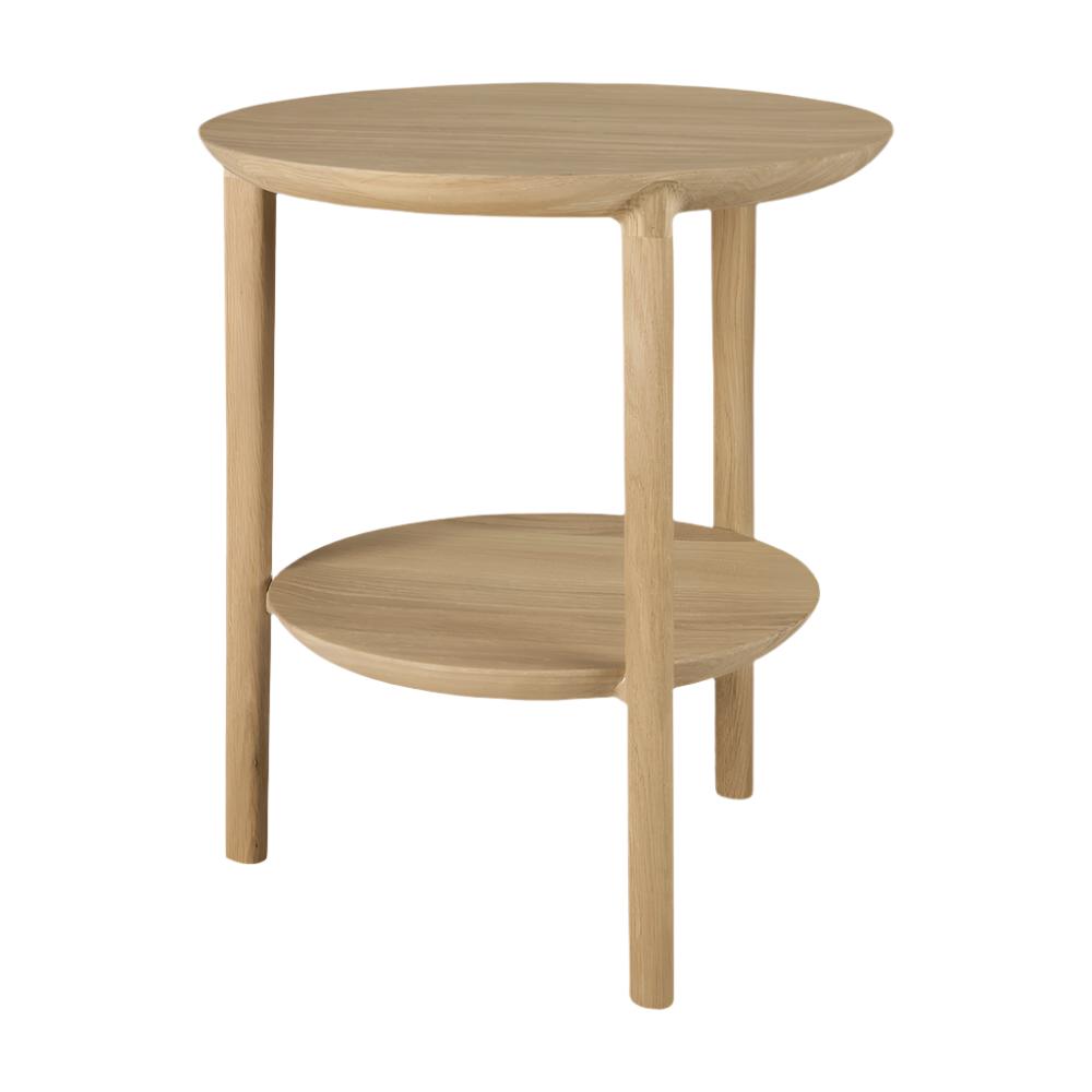Table d'appoint contemporaine en bois de chêne avec plateau rond et étagère de présentation pour salon