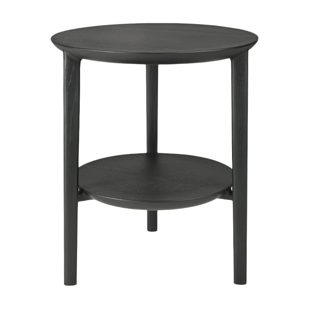 Table d'appoint contemporaine en bois de chêne avec plateau rond et étagère de présentation pour salon