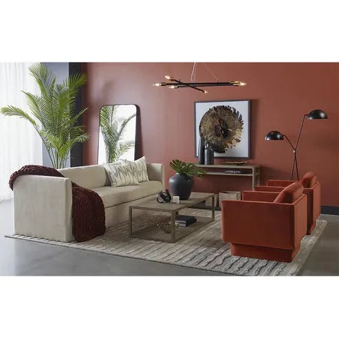 Table basse contemporaine en placage de chêne gris fumé avec étagère inférieure et cadre aux lignes épurées pour salon