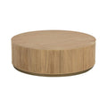 Table basse rustique en placage de chêne avec cannelures verticales et piétement en acier doré pour salon