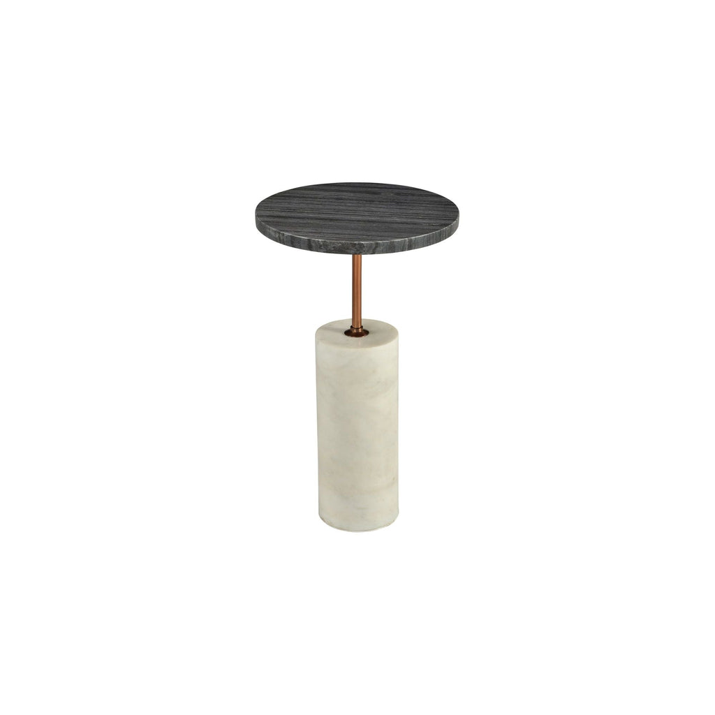 Table d'appoint moderne en marbre et laiton avec plateau gris et piédestal cylindrique blanc pour salon