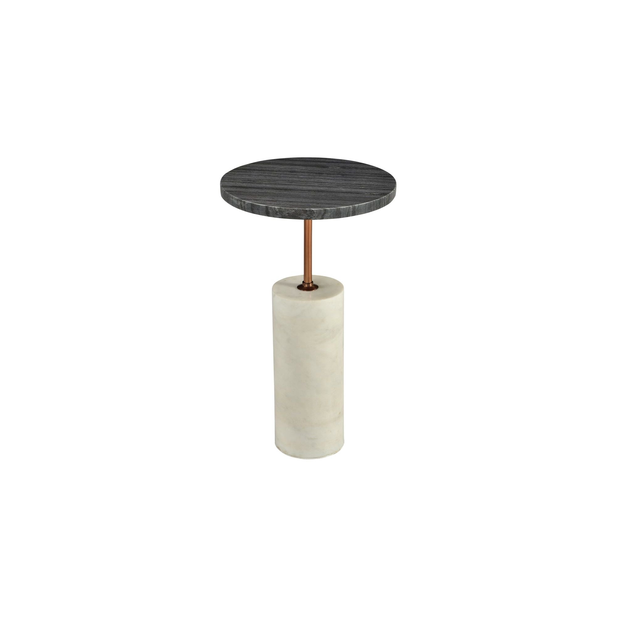 Table d'appoint moderne en marbre et laiton avec plateau gris et piédestal cylindrique blanc pour salon
