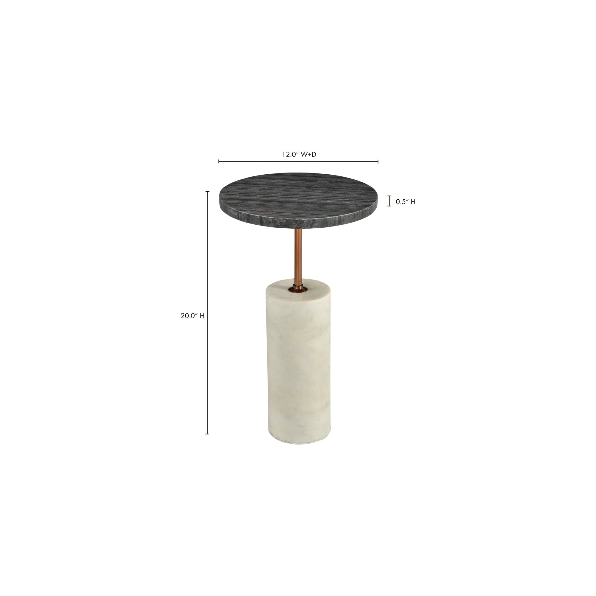 Table d'appoint moderne en marbre et laiton avec plateau gris et piédestal cylindrique blanc pour salon