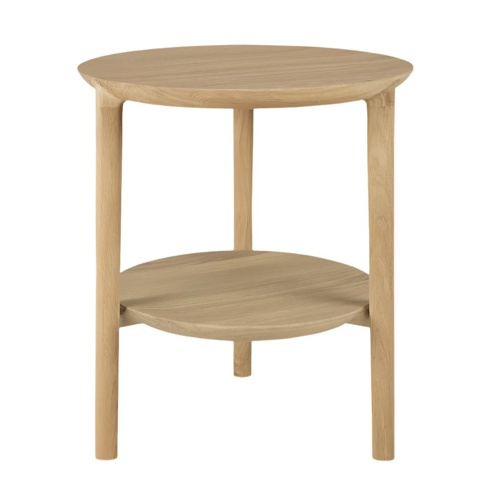 Table d'appoint contemporaine en bois de chêne avec plateau rond et étagère de présentation pour salon