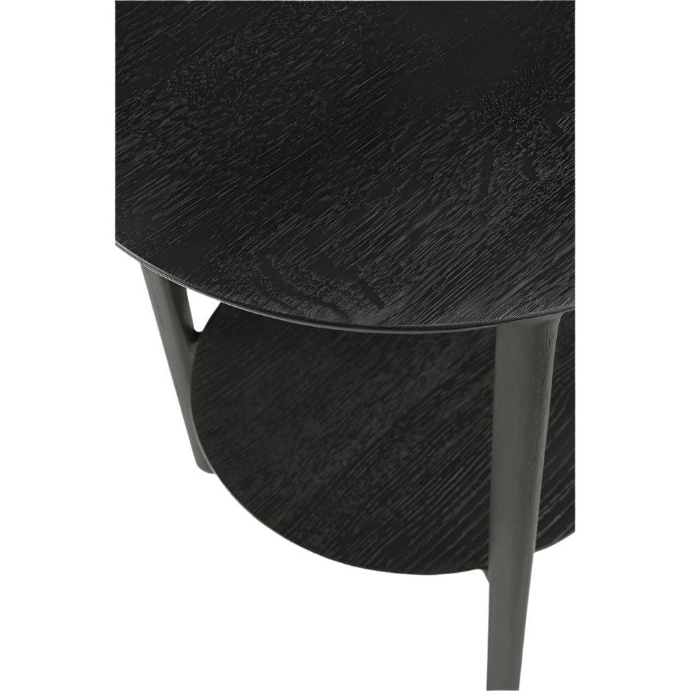Table d'appoint contemporaine en bois de chêne avec plateau rond et étagère de présentation pour salon