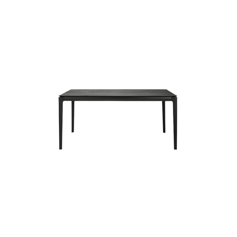 Table à manger extensible contemporaine en chêne massif avec plateau rectangulaire et piètement ajouré pour salle à manger