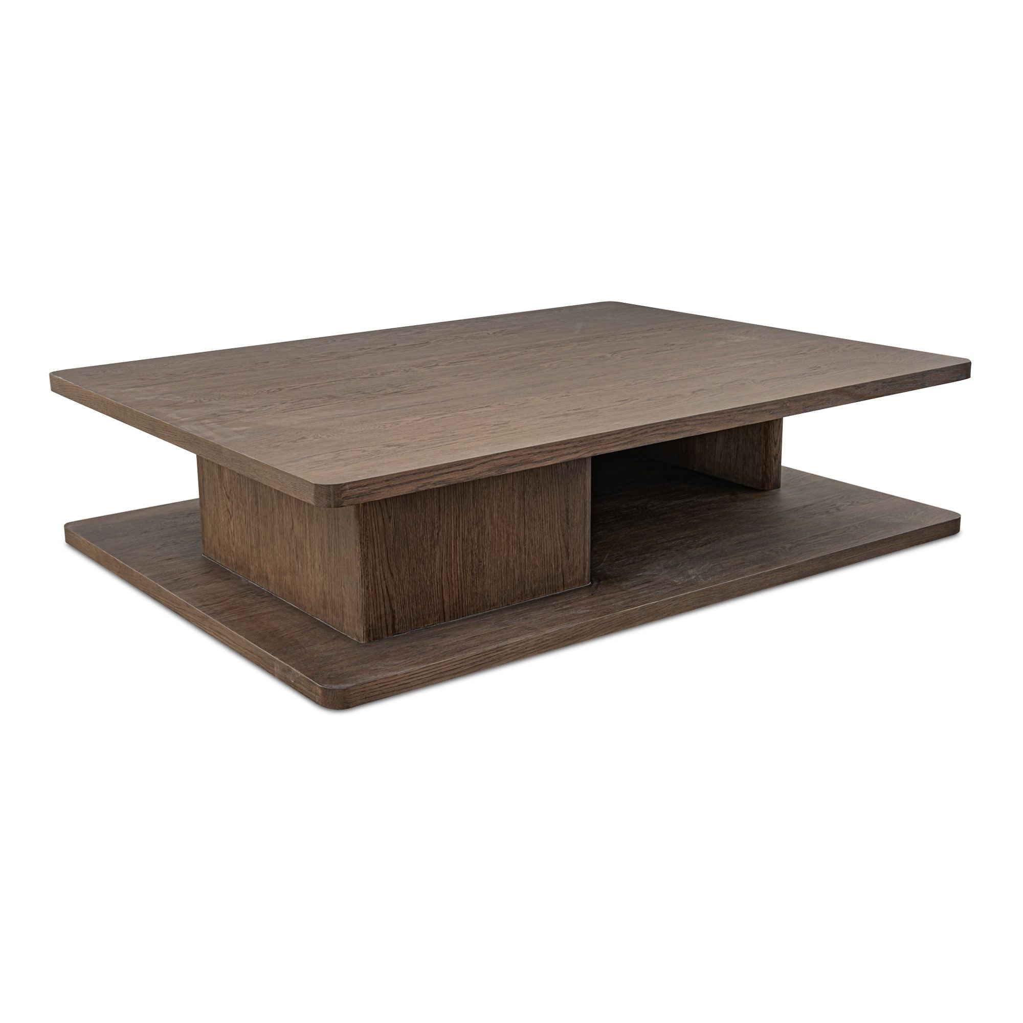 Table basse moderne en chêne massif avec plateau rond à rainure en V et piètement entretoisé en croisillon pour salon