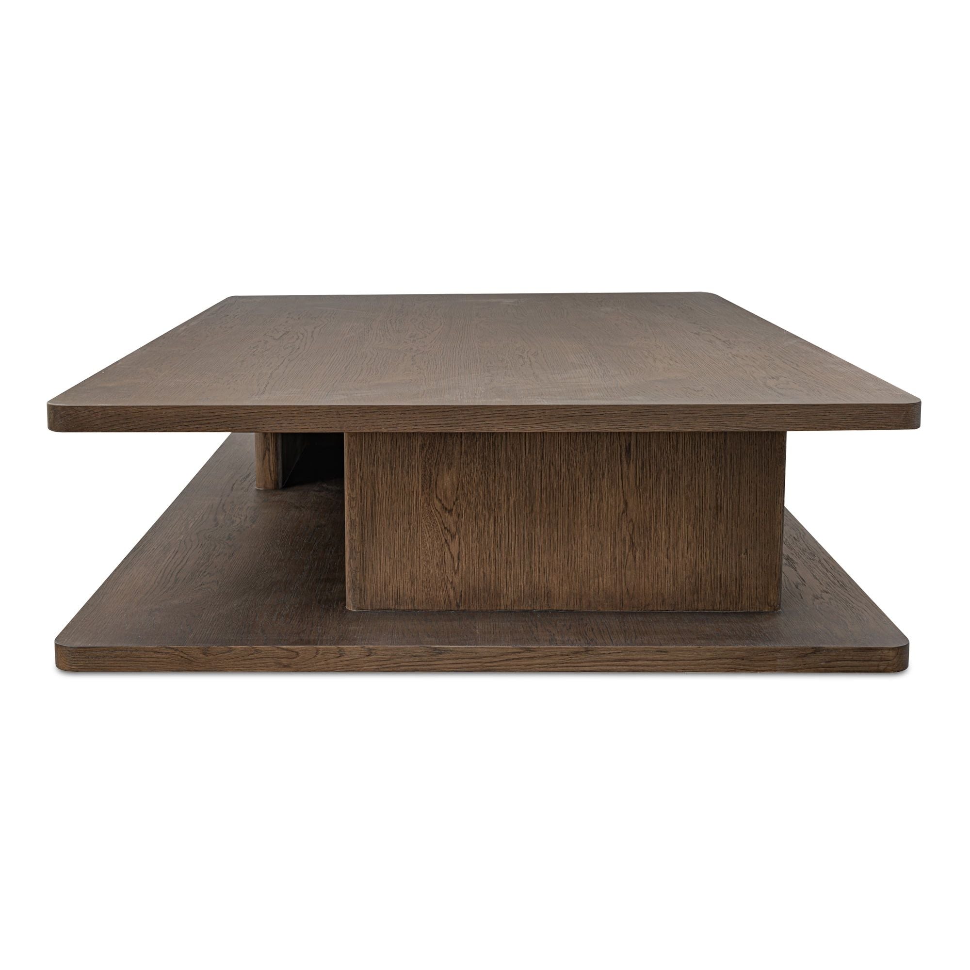 Table basse moderne en chêne massif avec plateau rond à rainure en V et piètement entretoisé en croisillon pour salon