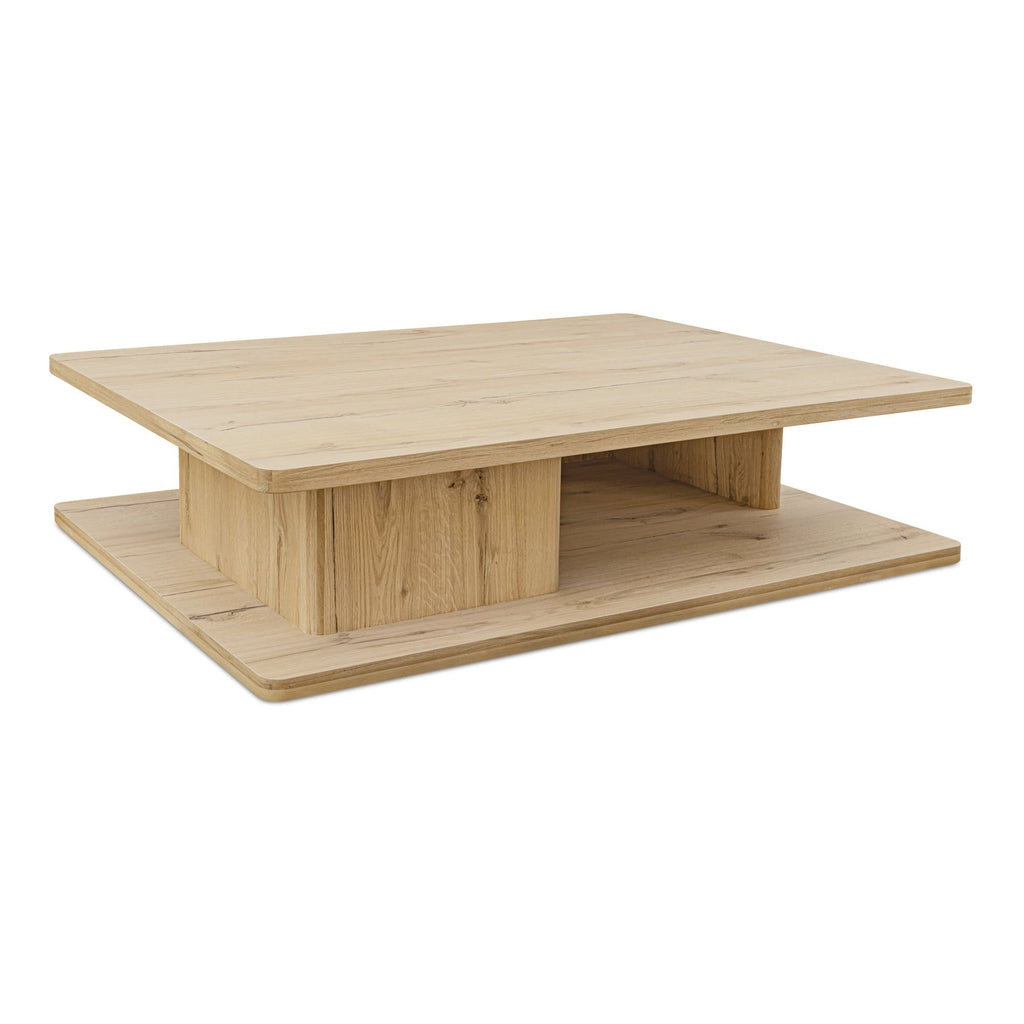 Table basse moderne en chêne massif avec plateau rond à rainure en V et piètement entretoisé en croisillon pour salon