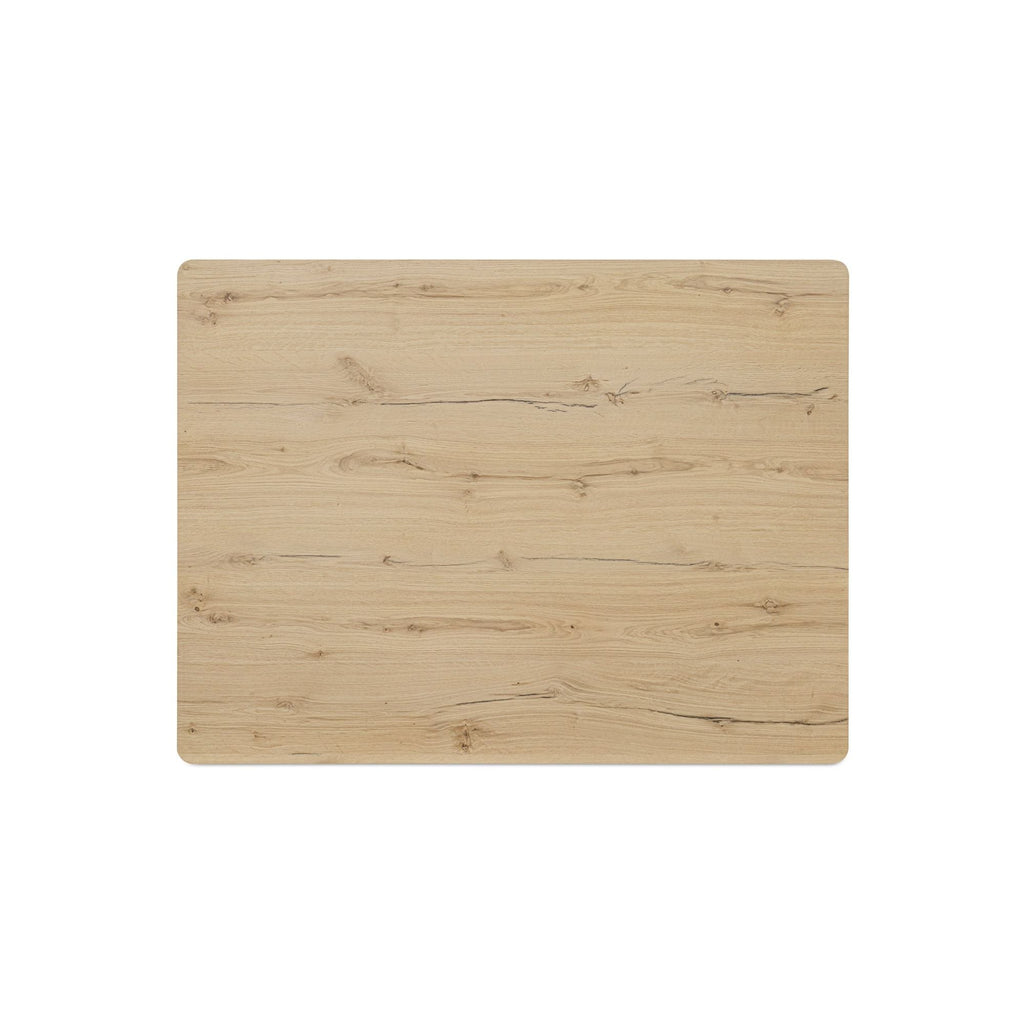 Table basse moderne en chêne massif avec plateau rond à rainure en V et piètement entretoisé en croisillon pour salon