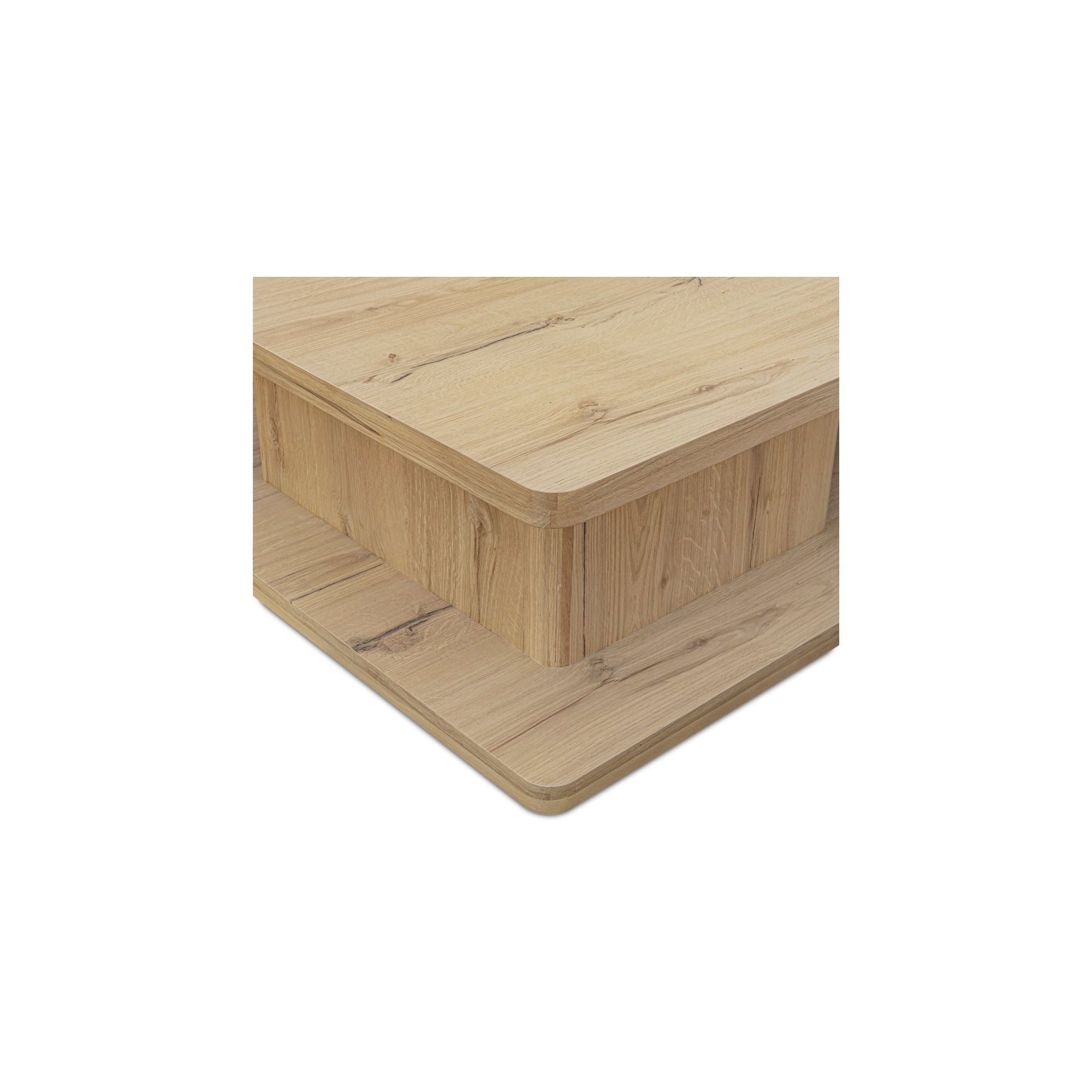 Table basse moderne en chêne massif avec plateau rond à rainure en V et piètement entretoisé en croisillon pour salon