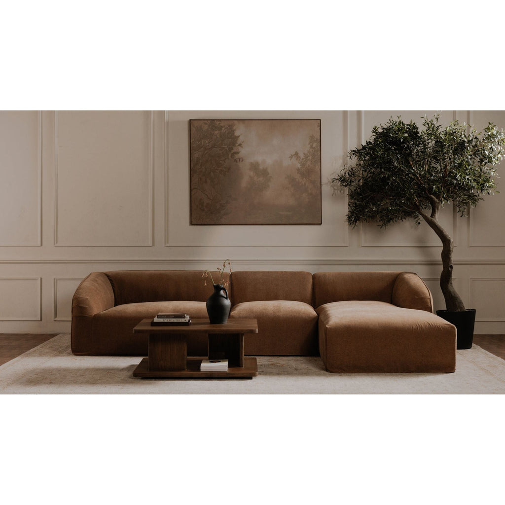 Table basse moderne en chêne massif avec plateau rond à rainure en V et piètement entretoisé en croisillon pour salon