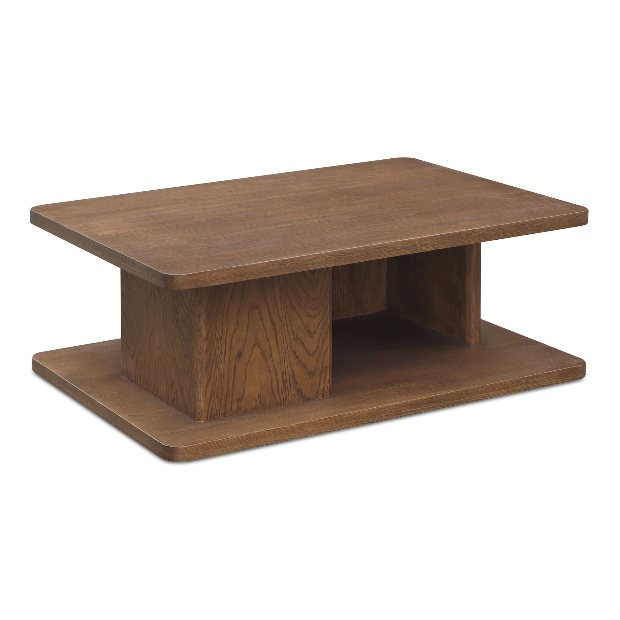 Table basse moderne en chêne massif avec plateau rond à rainure en V et piètement entretoisé en croisillon pour salon
