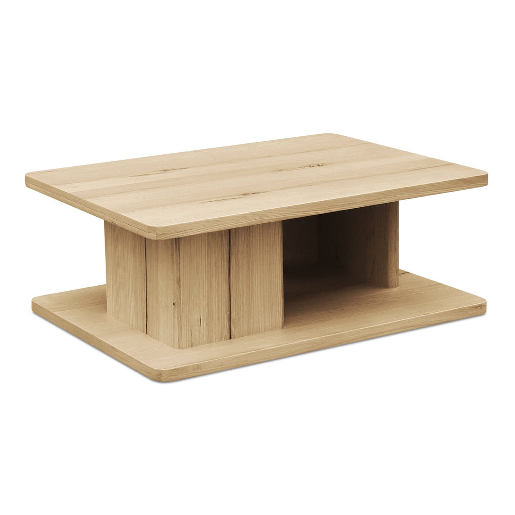 Table basse moderne en chêne massif avec plateau rond à rainure en V et piètement entretoisé en croisillon pour salon