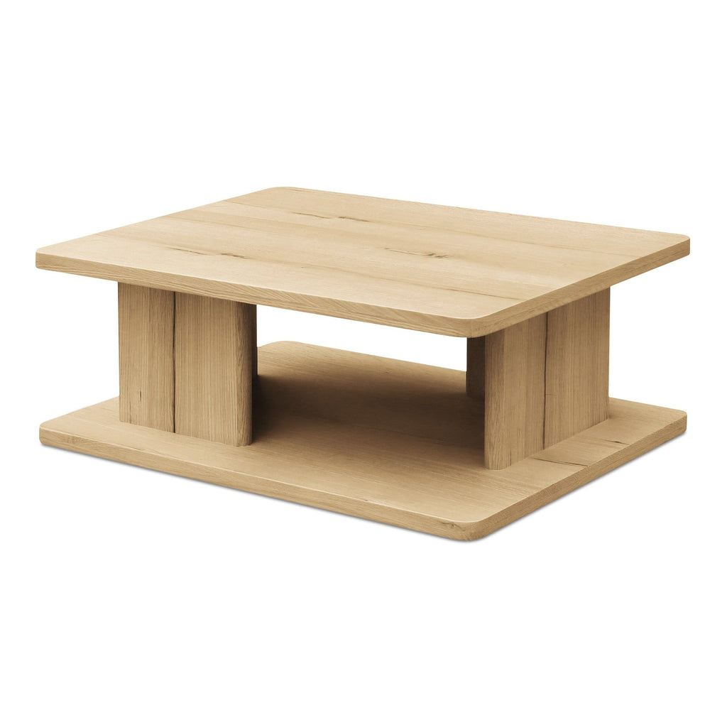 Table basse moderne en chêne massif avec plateau rond à rainure en V et piètement entretoisé en croisillon pour salon