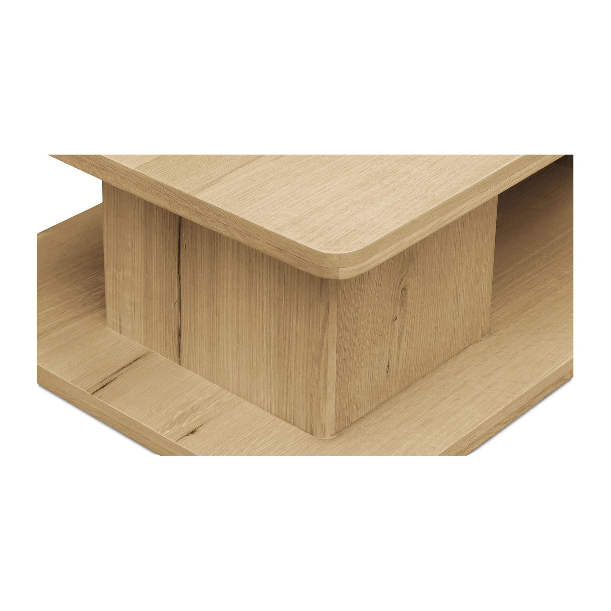 Table basse moderne en chêne massif avec plateau rond à rainure en V et piètement entretoisé en croisillon pour salon
