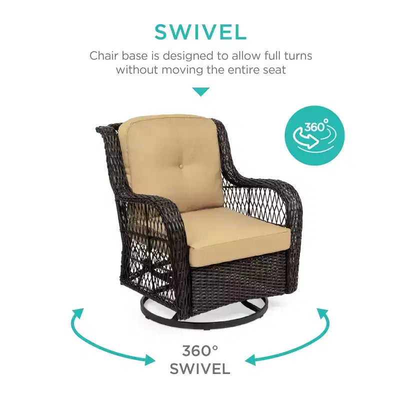 Ensemble de mobilier de bistro 3 pièces en osier pour patio Best Choice Products avec 2 fauteuils à bascule pivotants coussinés et une table d'appoint