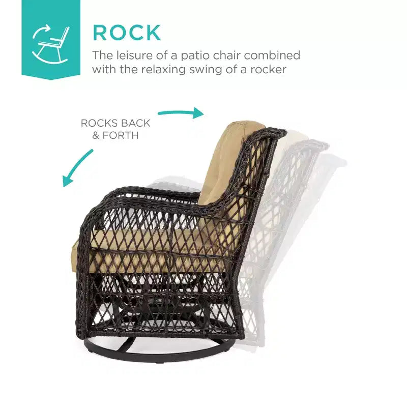 Ensemble de mobilier de bistro 3 pièces en osier pour patio Best Choice Products avec 2 fauteuils à bascule pivotants coussinés et une table d'appoint