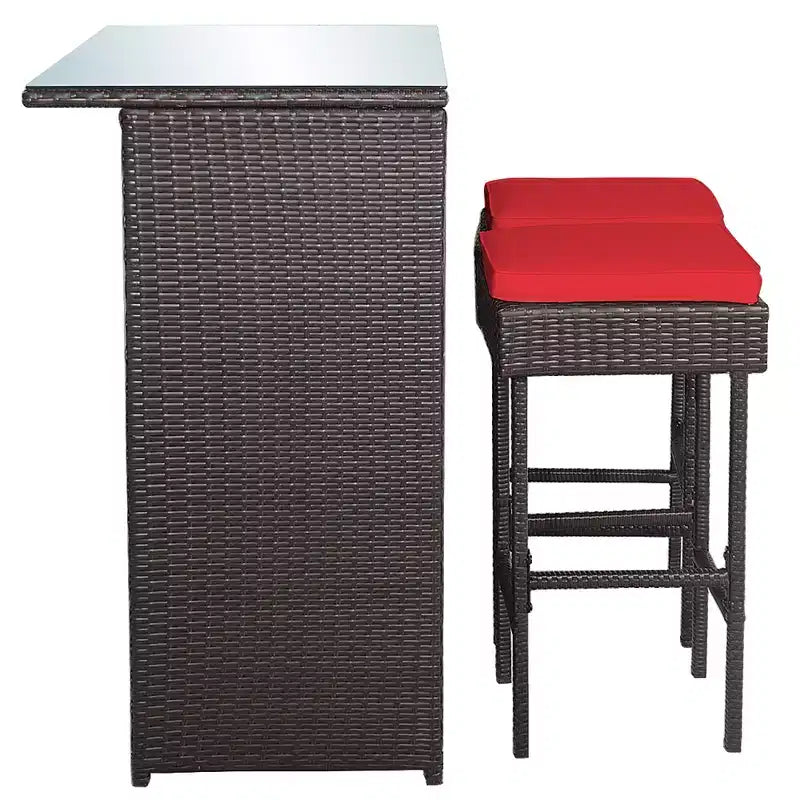 Costway Ensemble de 3 Meubles de Bar et Chaises de Jardin en Rotin et Osier pour Terrasse avec Coussins Rouges